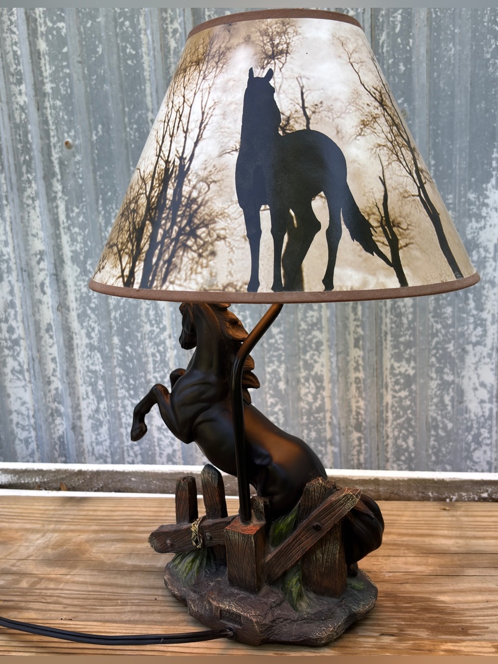 Ebros Gift Rearing Black Stallion Horse Rustic Table Lamp & Nature Like New